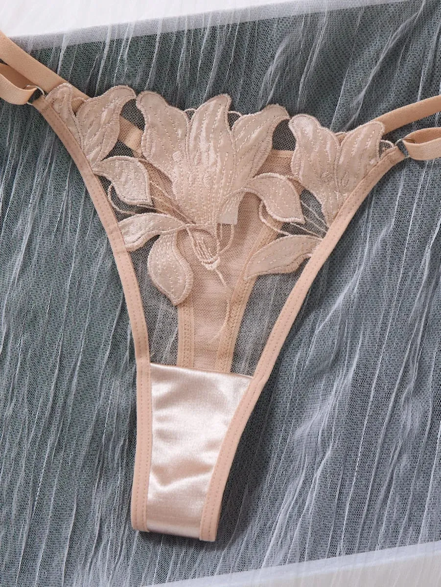champagne Floral Embroidery Lingerie Set Satin Mesh Underwire Bra Thong Women Intimate Underwear Honeymoon Boudoir ZA824031 — image 6
