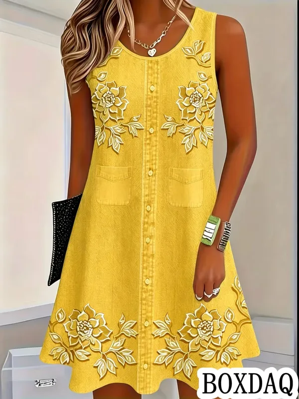 Women Vintage Pattern Flowers Print Dresses Summer Fashion Sleeveless Dress Casual Sundress Beach Loose Dress — image 13