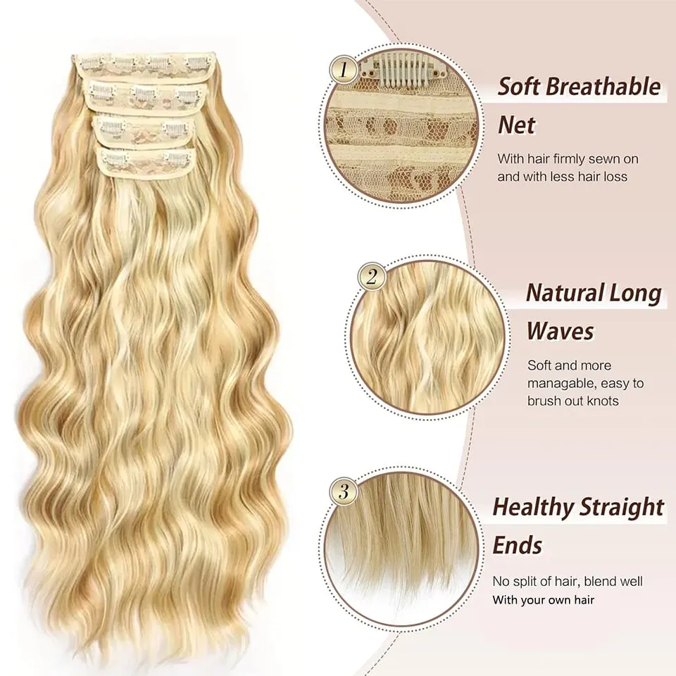 4 PCS Water Wave Clip In Hair Extensions Ombre Blonde Synthetic Natural Hairpieces For Women Lightweight All Day Wear — image 4