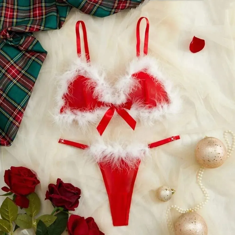 New Year Furry Women's Underwear Mesh Transparent Bow Decor Lingerie Set Romantic Intimate Wireless Bra Panties Suit Anniversary