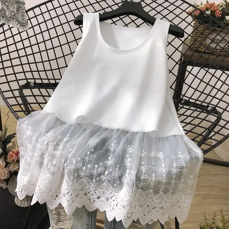 Ulica na co dzień koronkowa patchworkowa koszulka bez rękawów letnia nowa bez rękawów jednokolorowa luźna młodzieżowa biała koszulka topy Trend w modzie odzież damska