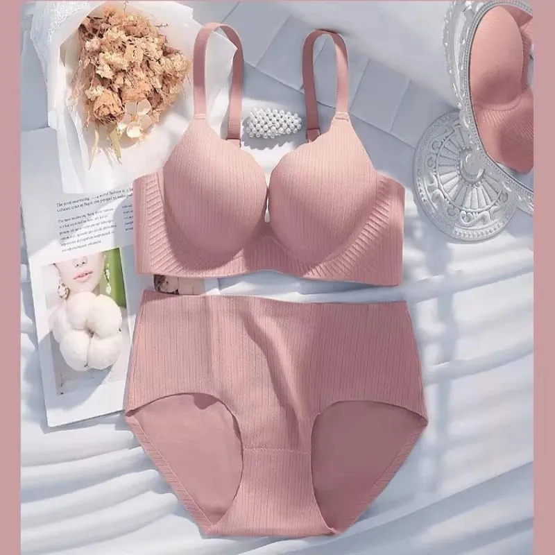 High Quality Thick Padded Wirefree Bra Set Women Seamless Solid Gathering Lingerie Comfort Push Up Effect Perfect for Smaller — image 4