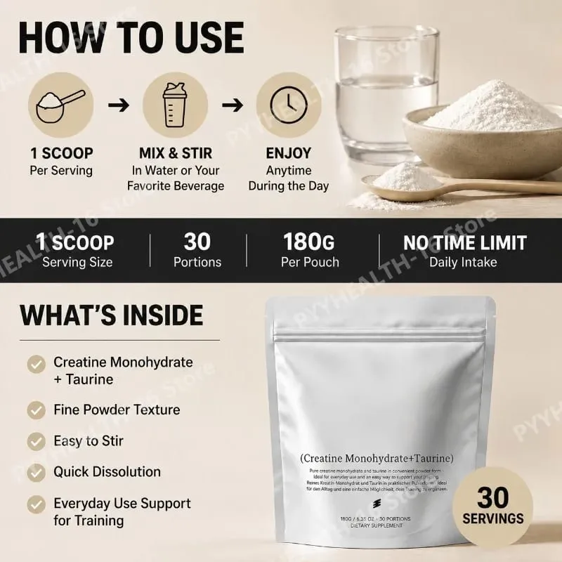 Creatine Monohydrate Taurine Powder Pure Unflavored Muscle Strength & Endurance Support Quick Dissolve 180g - 30 Servings