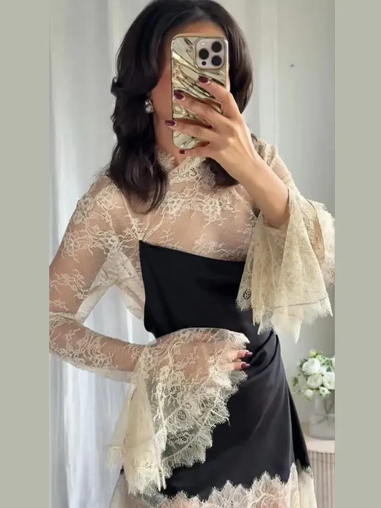 Elegant Women's Lace Trim Satin Dress High Neck Bell Sleeve Vintage Black Party Clubwear Chic Cocktail Mini Dresses Chic Outfit — image 3