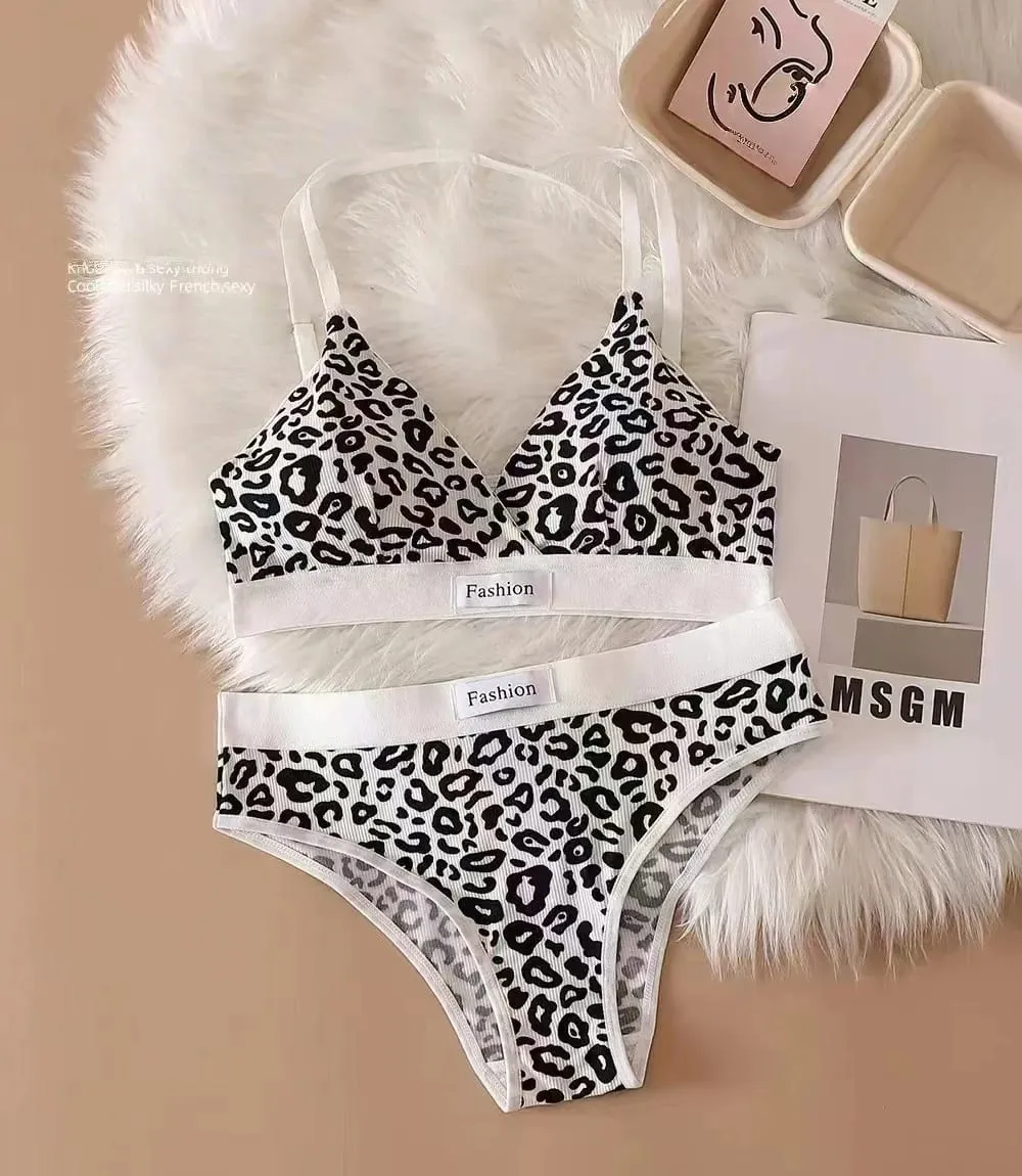 Low Waist Leopard Print Bra and Panty Lingerie Set Comfortable Daily Wear Soft Underwear Two Piece Intimate Apparel
