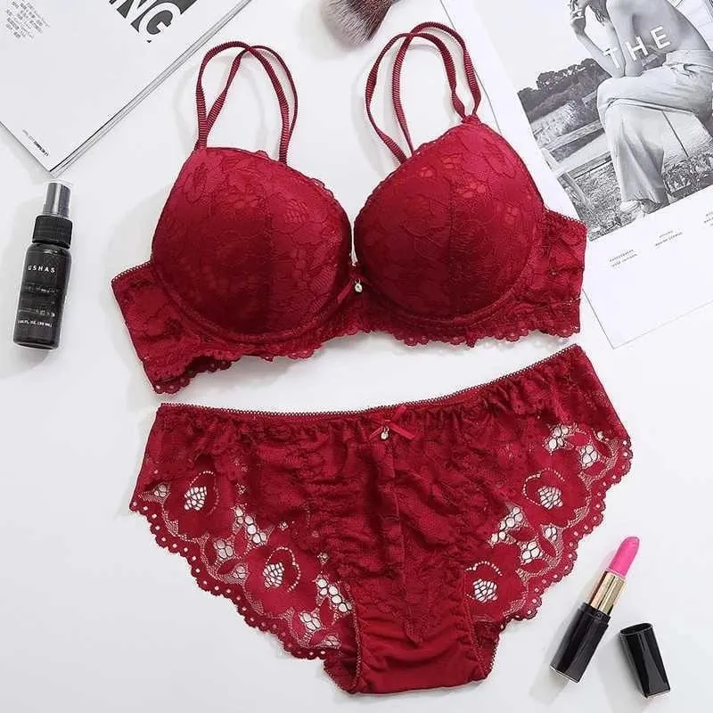 Women's Sexy Push Up Floral Lace Lingerie Set Bowknot Bra & Panty Low Rise Underwear for Daily Wear