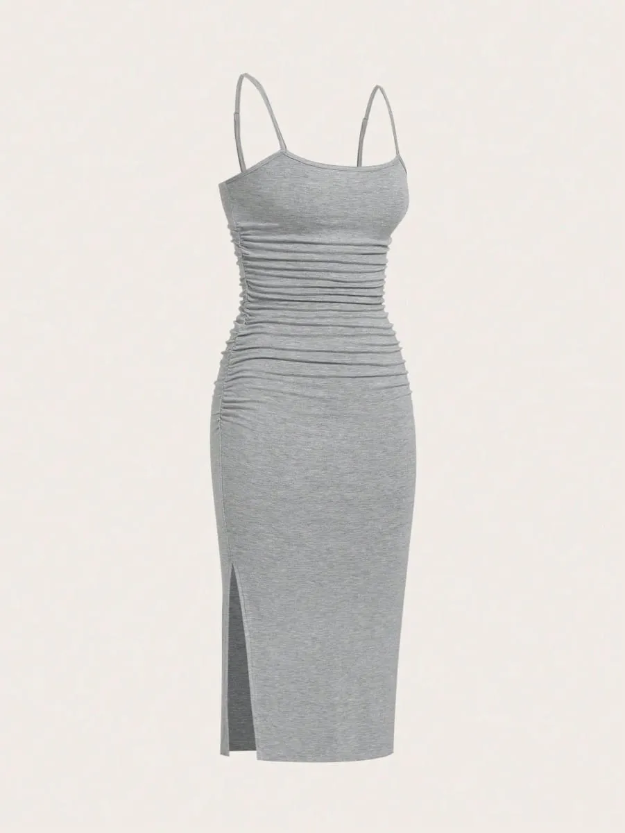 Women Spaghetti Strap Midi Dress Ruched Side Bodycon Slit Cami Pencil Midi Dress