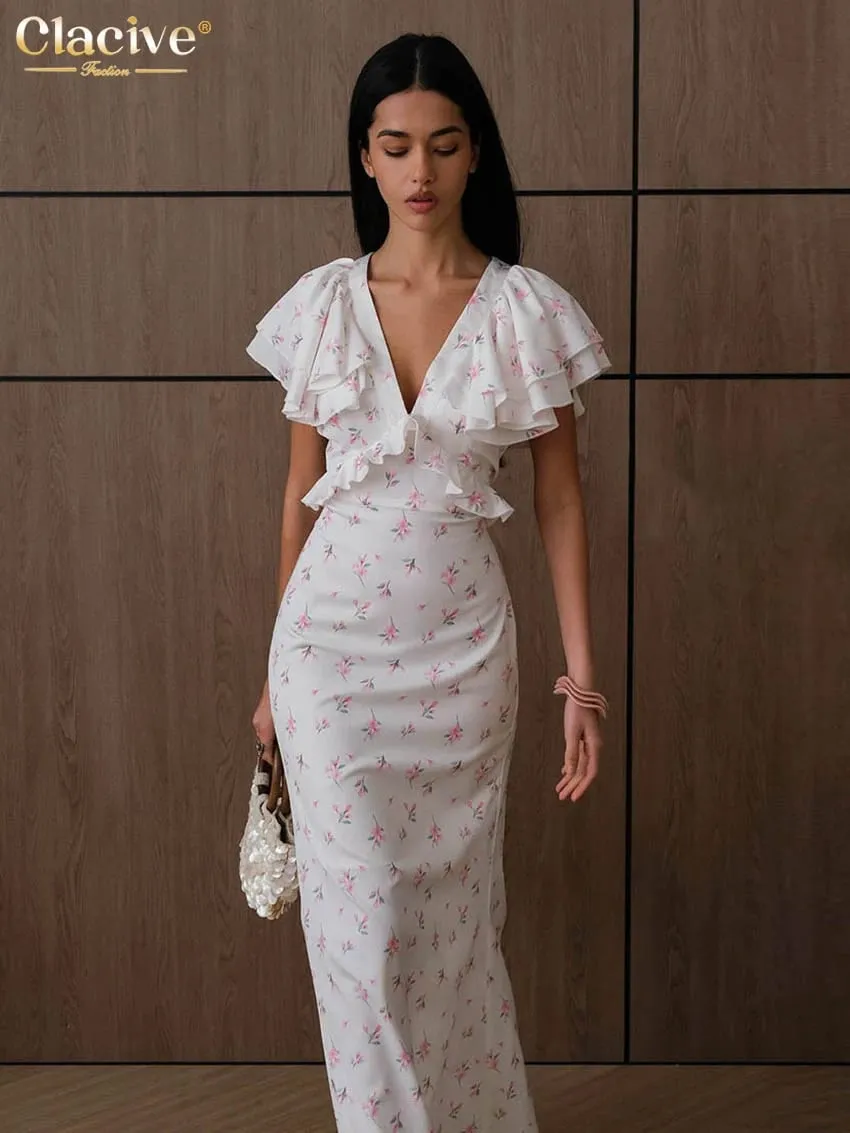 Clacive Sexy Loose Print Women's Dress 2026 Summer V-Neck Short Sleeve Ankle Length Dresses Elegant Classic Ruffles Female Dress — image 5