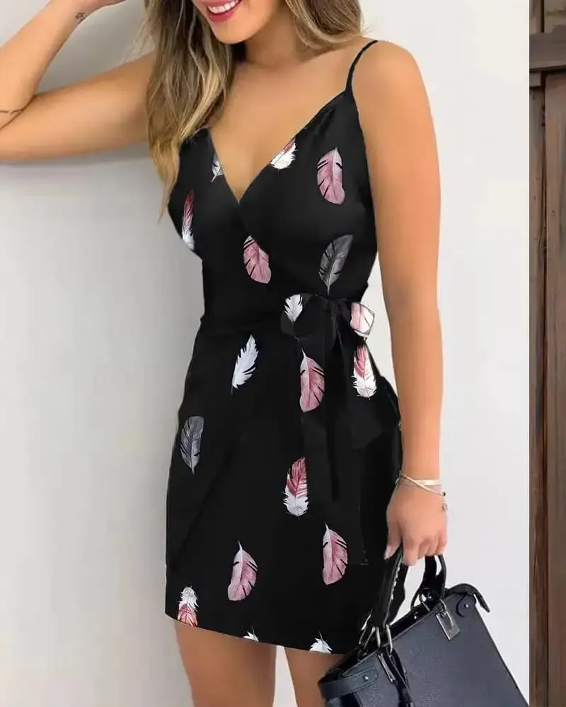 Mini Dress Spring Summer Women Black Satin Feather Print Spaghetti Strap Deep V Wrap Belted Casual Sexy Vacation Dress