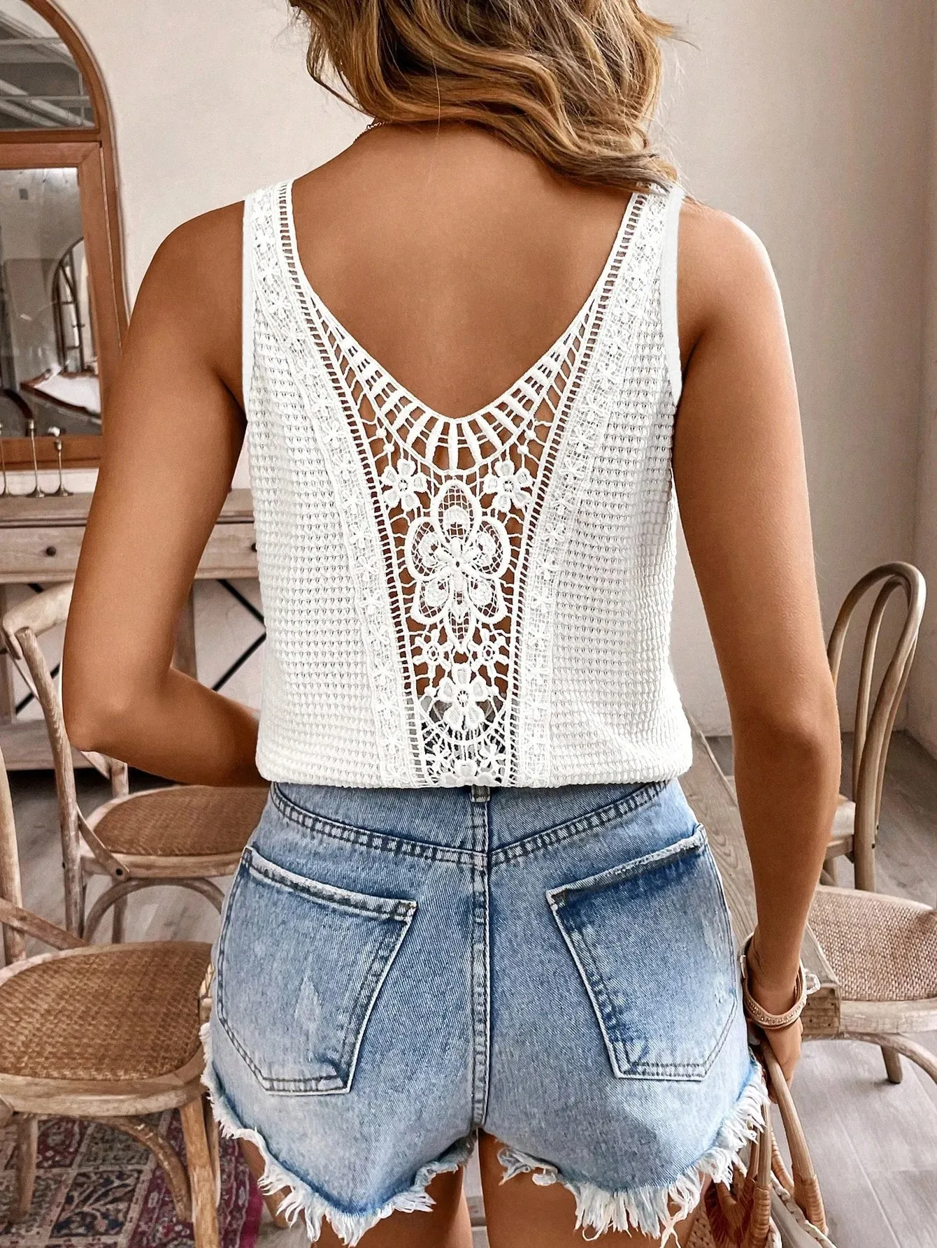 Summer Camisole Tank Top Women V Neck Sleeveless Crochet Lace Back Hollow Solid Loose Casual Vacation beach Vest — image 5
