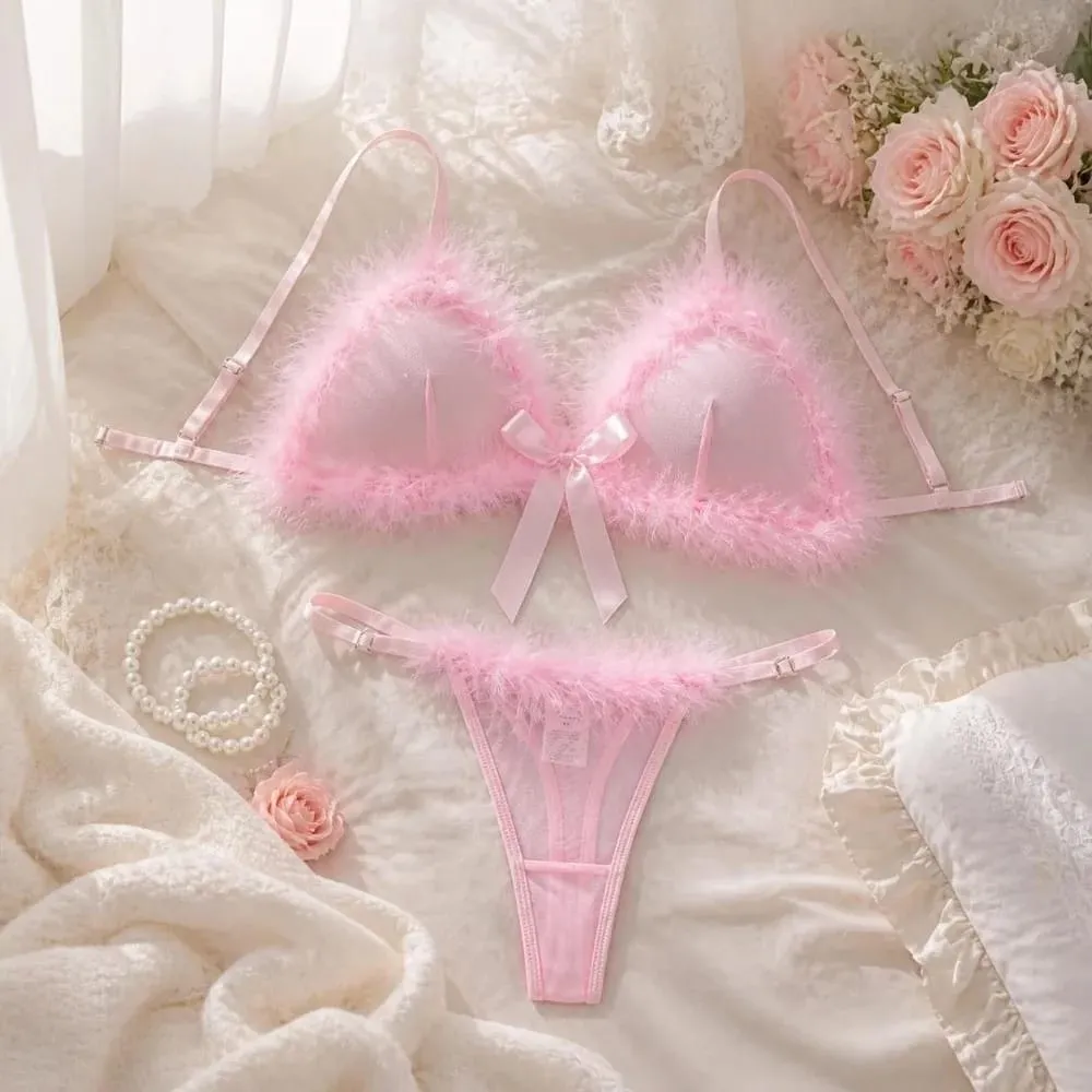 Furry Women's Underwear Mesh Transparent Bow Decor Lingerie Set Romantic Intimate Wireless Bra Panties Suit Christmas — image 6