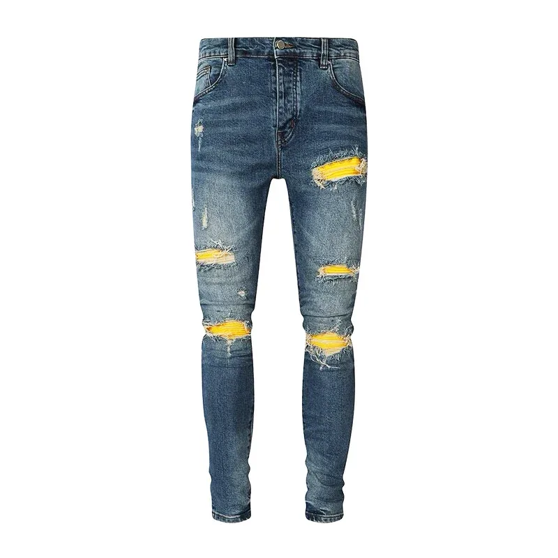 Fashionable New Men's Retro Blue Jeans With Pleated Elastic Perforated Blue Leather Patch Tight Tapered Pants Y2K — image 15