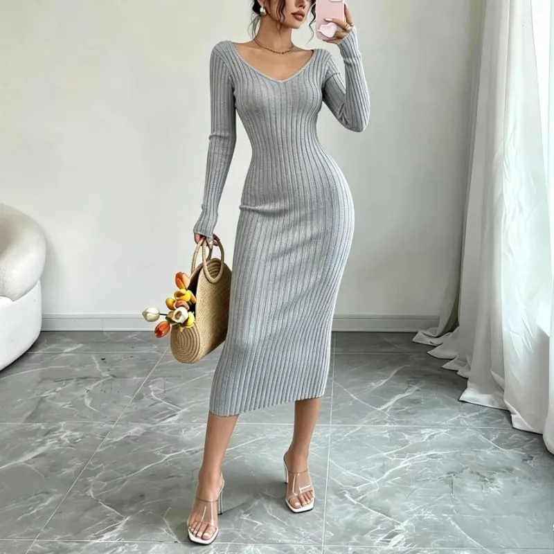 Women Solid Color V‑Neck Ribbed Knit Maxi Sweater Dress Elastic Long Sleeve Bodycon Dress Ladies Casual Party Fashion Dresses — image 3