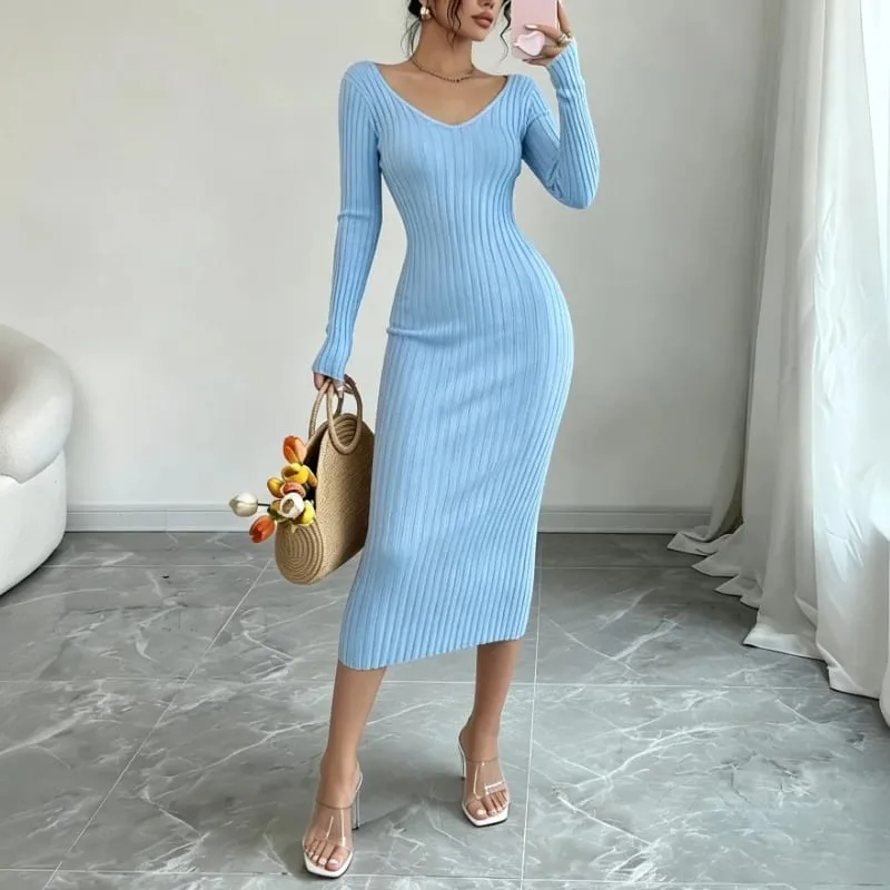 Women Solid Color V‑Neck Ribbed Knit Maxi Sweater Dress Elastic Long Sleeve Bodycon Dress Ladies Casual Party Fashion Dresses — image 2