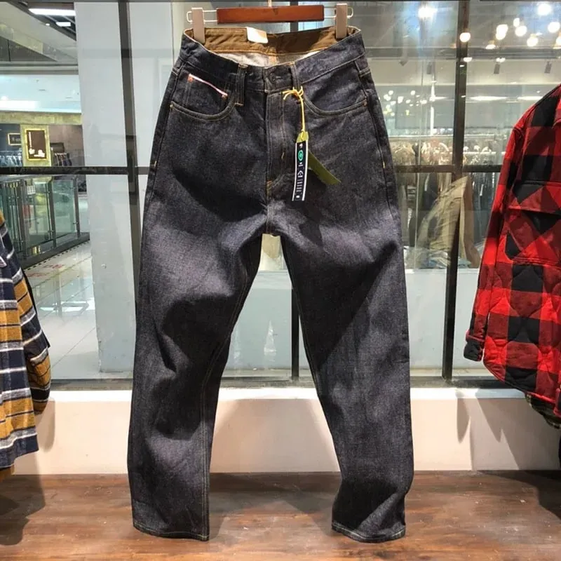 14oz 100% Cotton Heavyweight Sakura Red Selvedge Washed Desized Denim Jeans Loose Straight American Retro Amekaji Workwear Pants