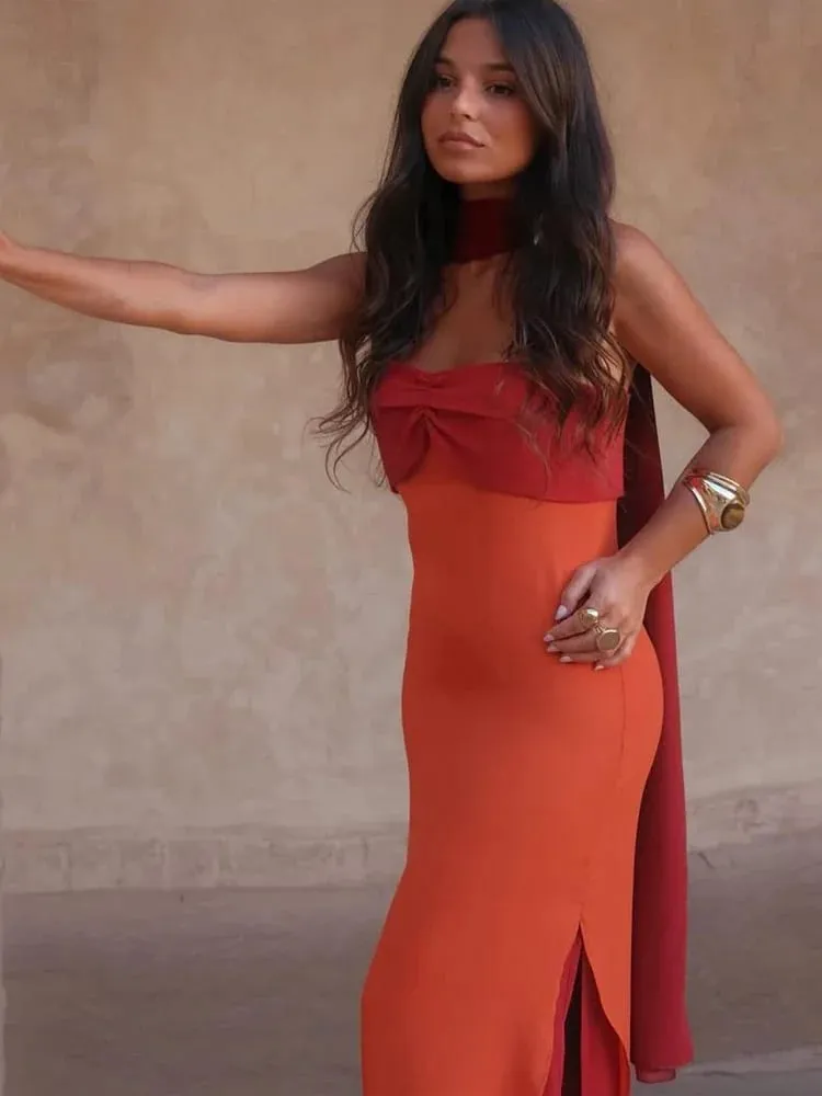 Fashion Women Color Blocking Scarf Collar Sling Dress Sexy Split Waist Cinching Bodycon Maxi Gowns 2026 Lady Club Party Vestidos — image 5