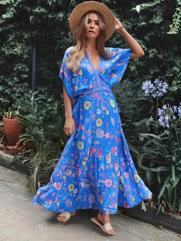Đời Boho Hoàng Hậu Nữ Con Công In Hoa Tay Cánh Dơi Đi Biển Bohemia Đầm Maxi Nữ Cổ V Tua Rua Mùa Hè vestidos — image 7