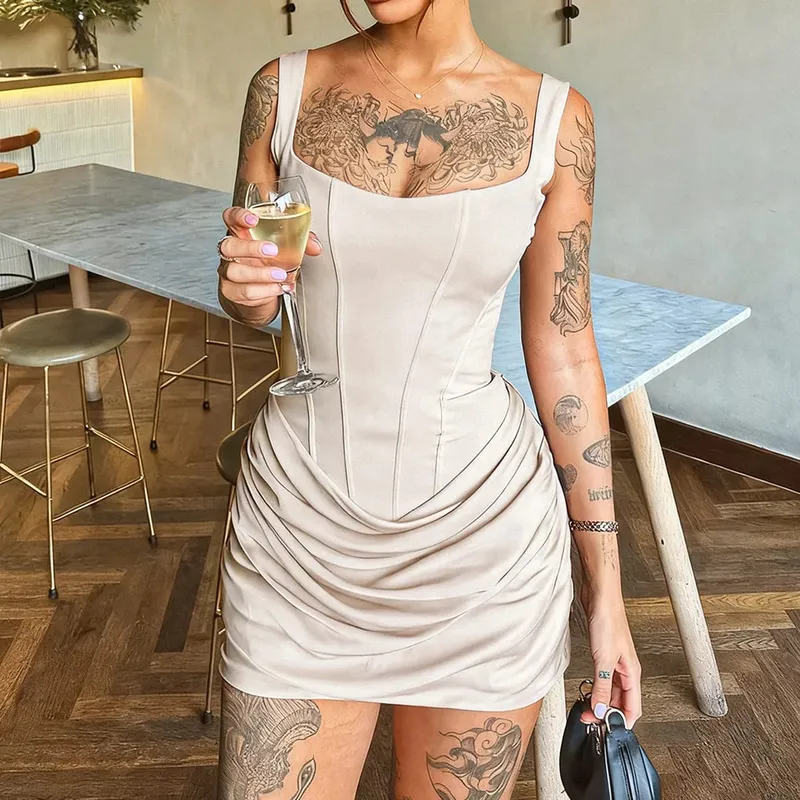 Sexy Square-neck Halter Mini Dress Women Pleated Sleeveless Backless High Waist Bodycon Dresses 2026 New Summer Lady Party Robe