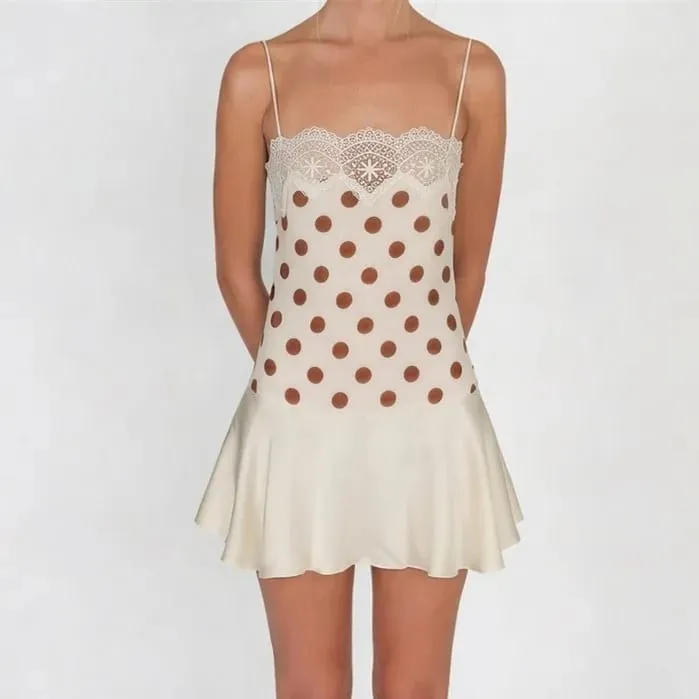 Women Y2K Polka Dot Cami Dress Lace Trim Spaghetti Strap Satin Ruffle Hem Bodycon Mini Dress Summer Casual Streetwear
