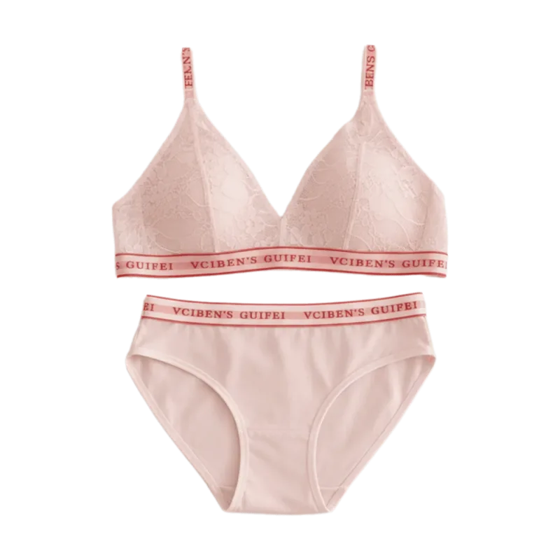 Fashion Letter Design Lingerie Set Lace Wireless Women Underwear Suit Deep V Color Blocking Bra Panties Set Girl