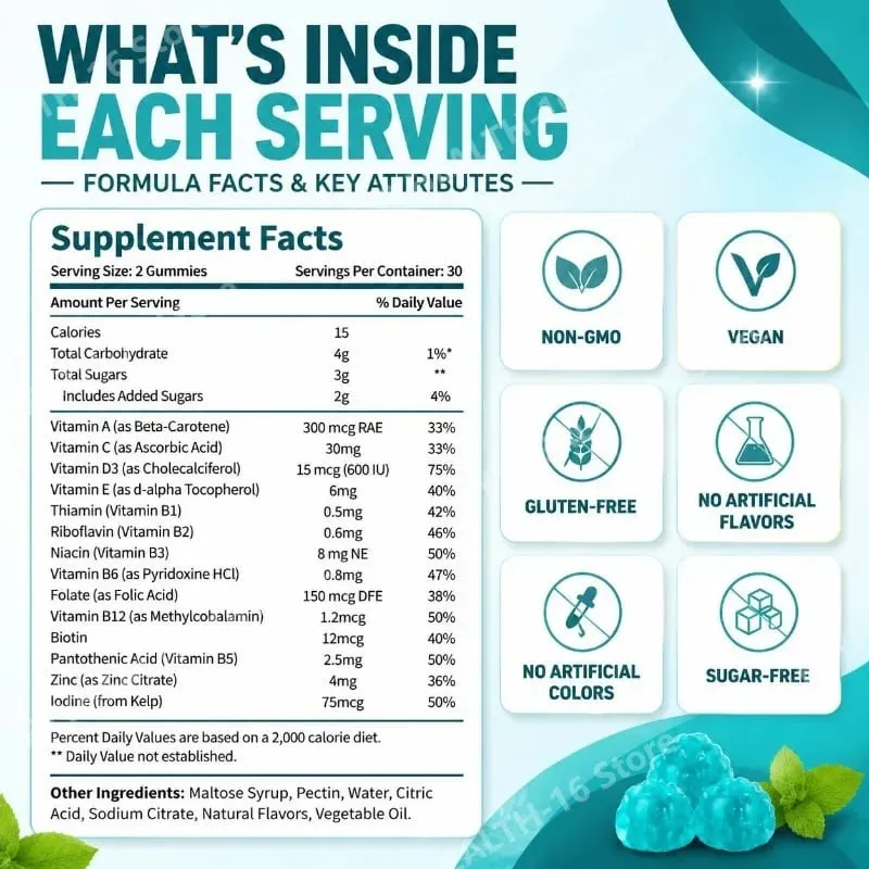 Kids Multivitamin Gummies Vitamin D3 C Zinc B Vitamins Immune Support Daily Wellness Nutrition Fruit Flavor 60 Gummies — image 3