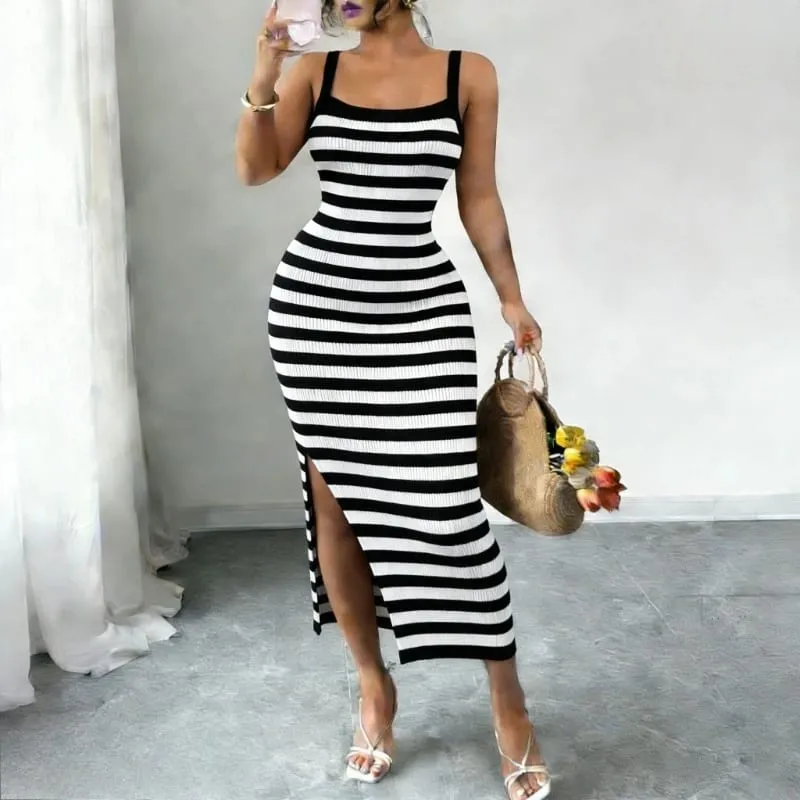 Red Black Striped Spaghetti Strap Maxi Dress Women's Stretchy Knit Bodycon Long Dress Sexy Summer Beach Party Dress Outfits — image 3