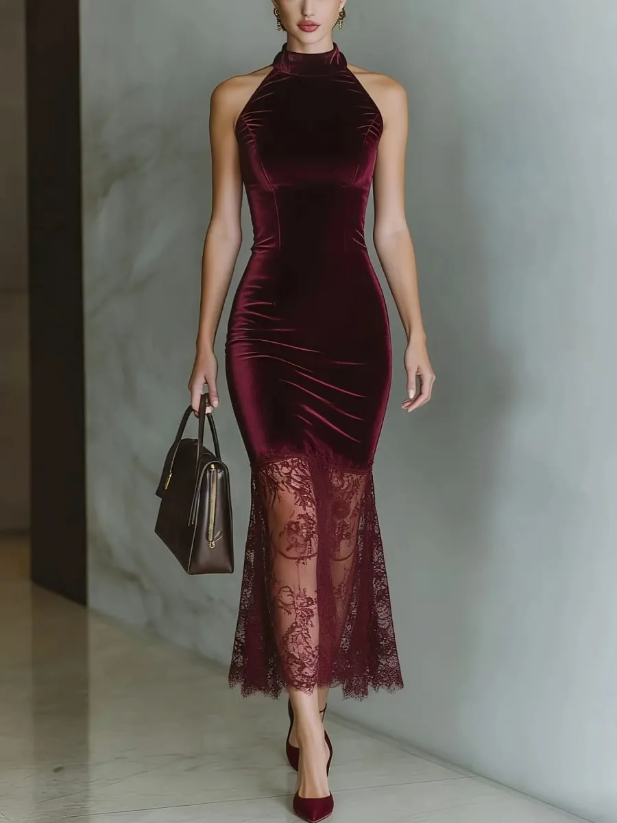 Solid Burgundy Velvet Sleeveless Midi Dress High Neck Halter Bodycon Lace Mermaid Hem Night Out Cocktail Party Dress — image 3