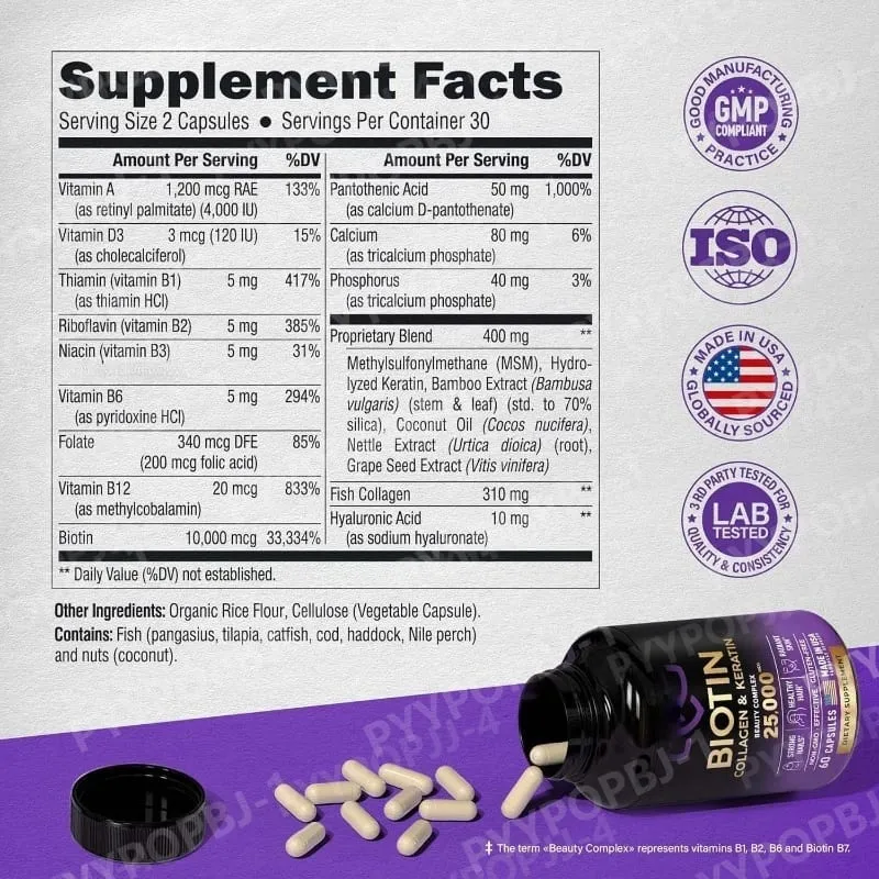 Biotin Capsules Contain Collagen and Vitamin B2 B3 B6 & B7 for Women Men Hair Care Supplements Skin & Nails Support 60 Pieces — image 5