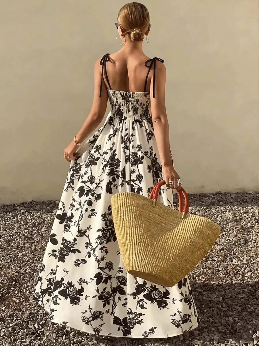 Summer Female Floral Dress French Style Elegant Slim Waist Large Hem Woman Strap Dress Vintage Lady Dresses