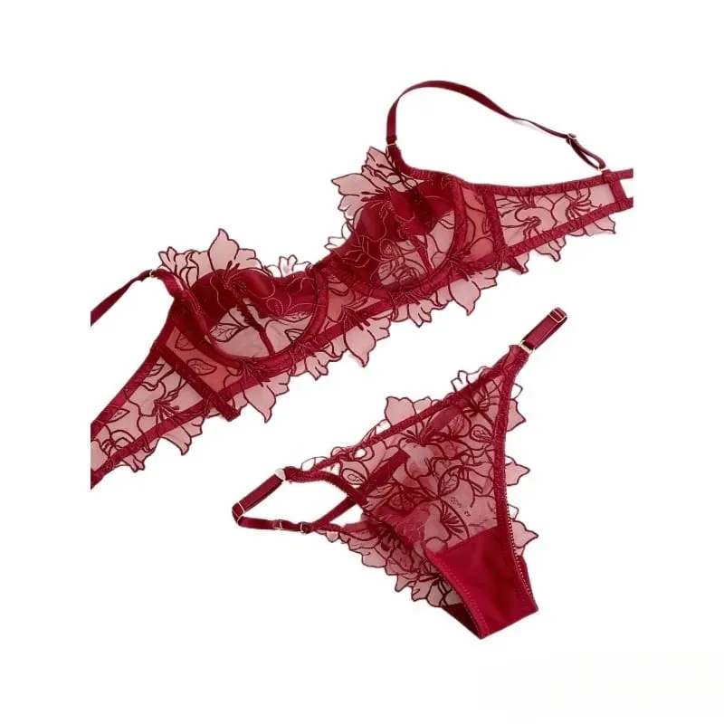 Padded Bra Set Small Bust | Lace Embroidered & Mesh Underwear Set with Soft Underwire Comfortable Demi Cup Sexy Tushy Panty PP — image 2