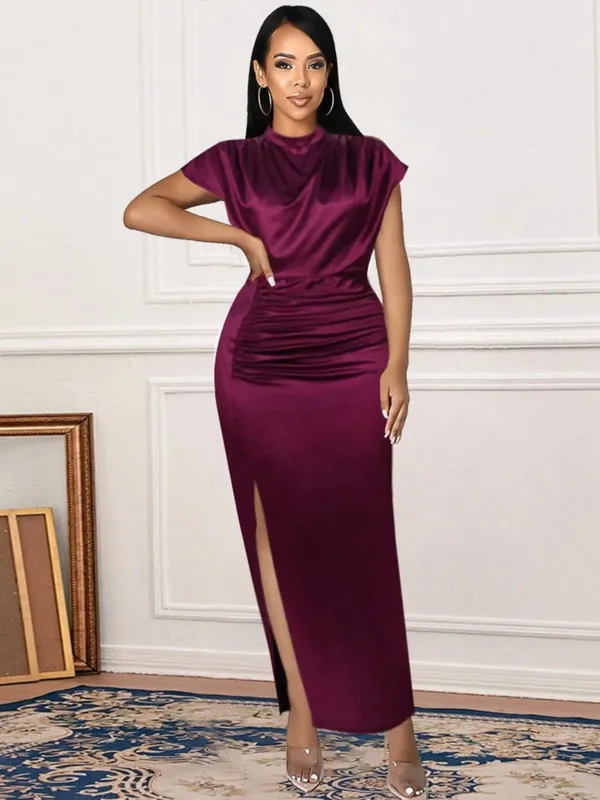 2026 Summer New Women's Color Ding Long Dress Solid Color Dress Split High Waist Temperament Bag Hip Commuter Dress