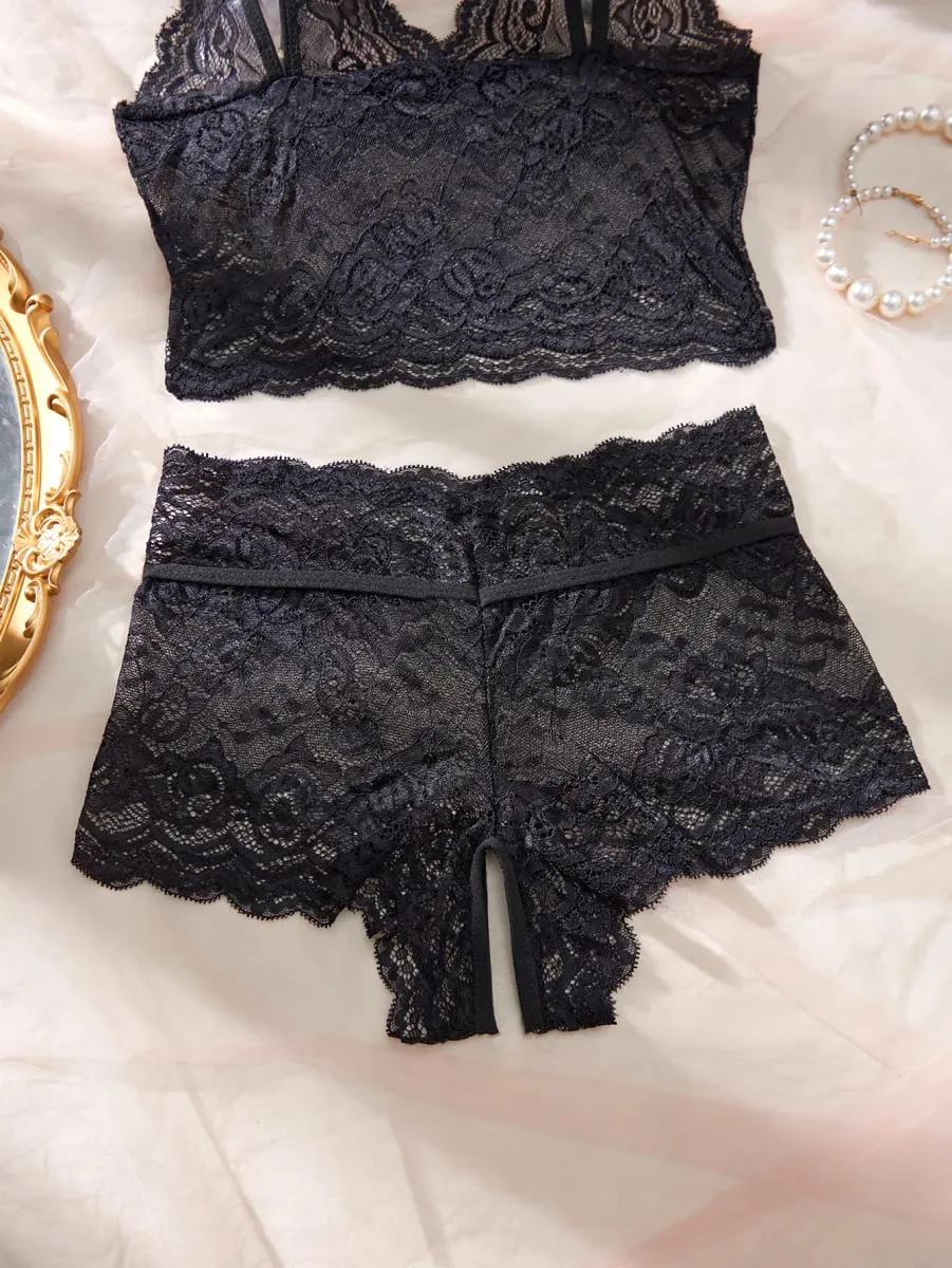 Women Black Open-Back Lace Two-Piece Panties Underwear Sleep Set — image 6