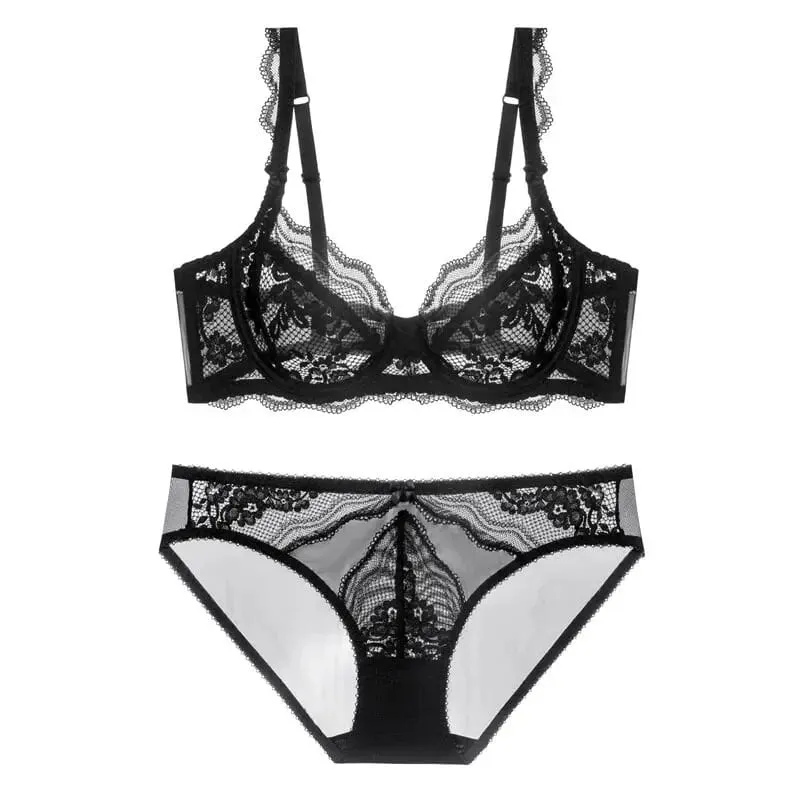 Plus Size Full Bust Minimizer Bra Set Sheer Floral Lace Thin Anti Sag Support Transparent Underwear Women Breathable Intimates