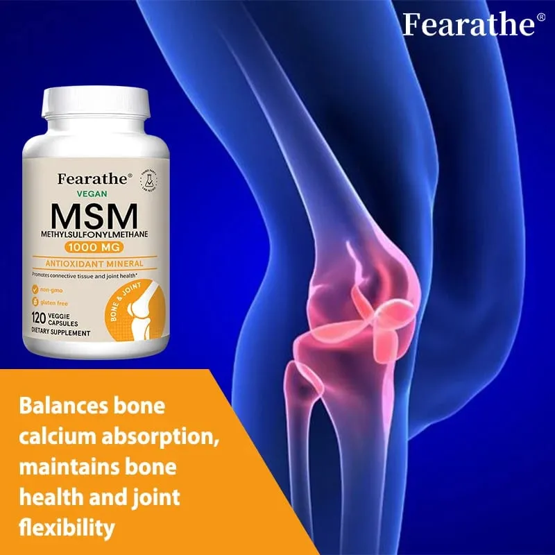 Fearathe Methylsulfonylmethane (MSM) สารต้านอนุมูลอิสระ 1,000 มก. ส่งเสริมสุขภาพข้อต่อ การดูดซึมแคลเซียมที่สมดุล ไม่ใช่จีเอ็มโอ ปราศจากกลูเตน — image 2