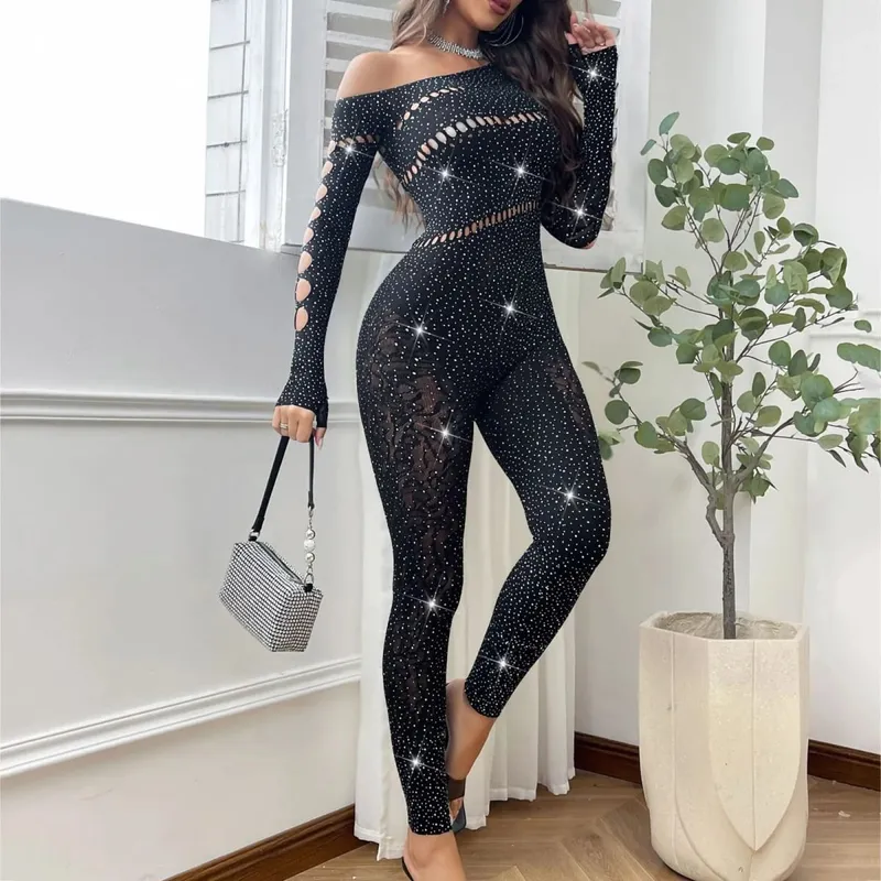 Kvinder Sexet Mesh Rhinestone Jumpsuit Langærmet Se Through High Stretch Body Strømper Jumpsuit Club Plus Size Stock Lingeri