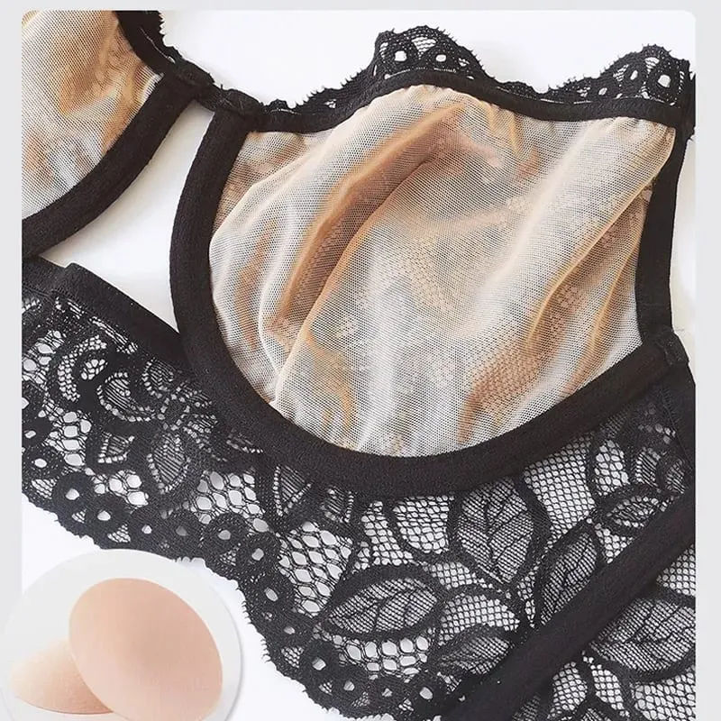 Sexy Cut-out Push-up Lace Thin Lingerie Set Women Evening Daring Fantasy Hot Ultra-light French Bra Underwear For Large Busts — image 7