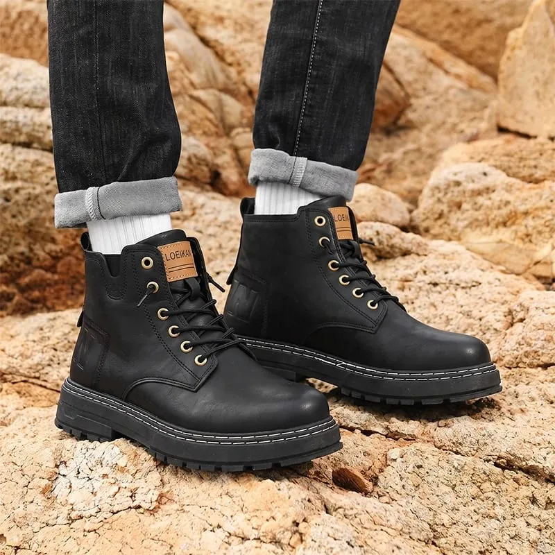 Men High‑top Casual Boots Faux Leather Lace‑up Thick Non‑slip Block Sole Stitched Detail For Urban Street Daily Outing — image 1