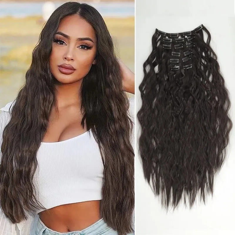 6PCS Clip In Hair Extensions 24" Black Brown Hair Extension Long Mermaid Waves Synthetic Clip On Hairpiece For Women — image 8