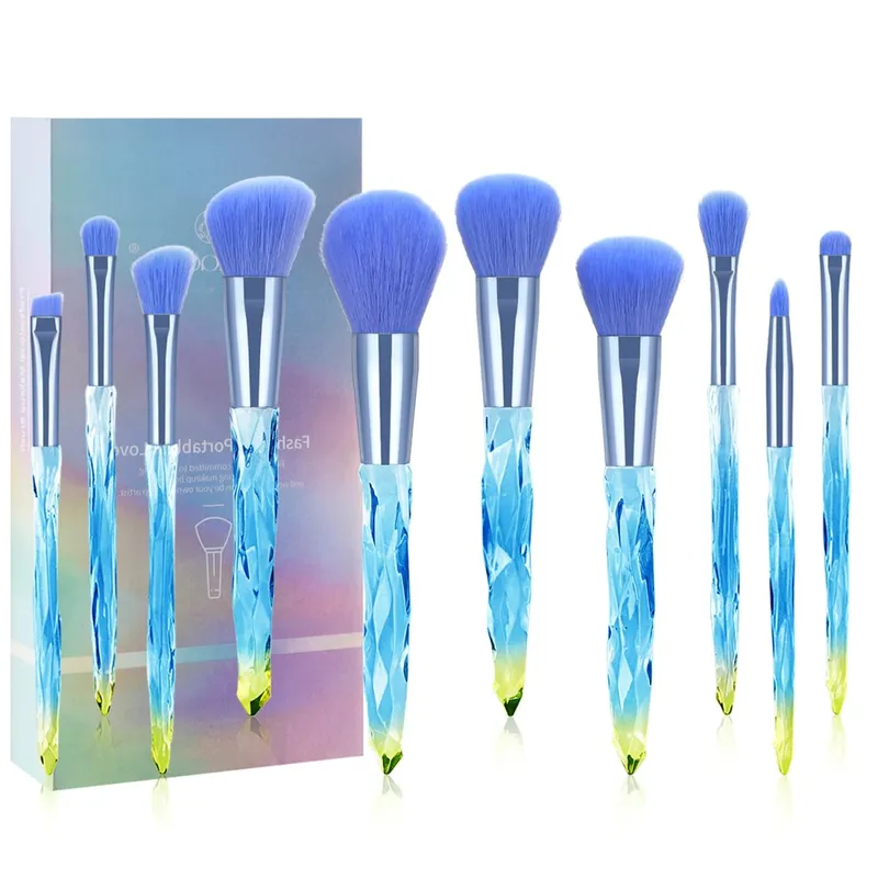 10Pcs Shiny Crystal Handle Makeup Brush Set with Case Round Loose Powder Brush & Flat Foundation Brush for Eye Makeup