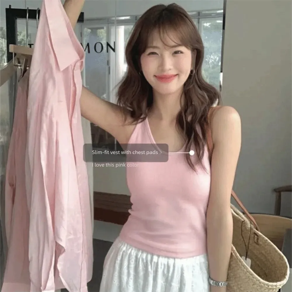 Korean Style with Chest Pad Strap Vest U-Neck Solid Color Backless Sleeveless Top Slimming Women Camis Summer