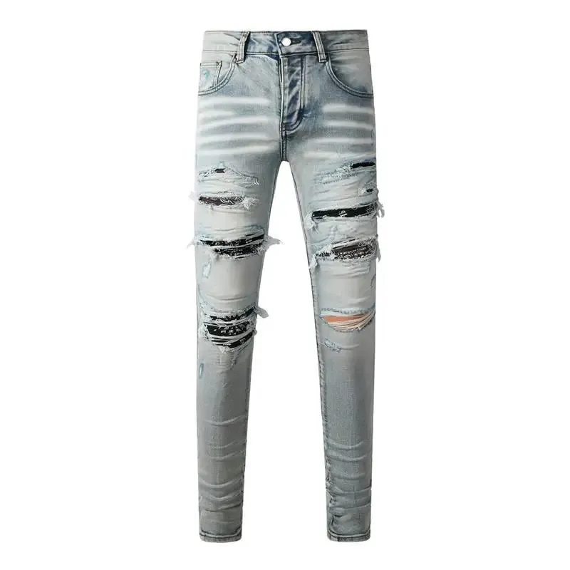 Fashion Americans Brands Men's Jeans Luxury Streetwear Holes Long Trousers Quality Male Stretch Slim Pants Skinny Trousers — image 11