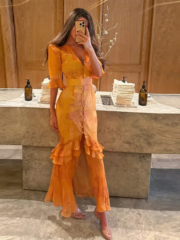 Organza Floral Printed Maxi Dress Fashion V-neck Puff Sleeve 2026 Spring/summer Romantic Women Party Gown Elegant Lady Vestidos — image 4