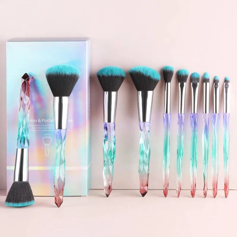 10Pcs Shiny Crystal Handle Makeup Brush Set with Case Round Loose Powder Brush & Flat Foundation Brush for Eye Makeup
