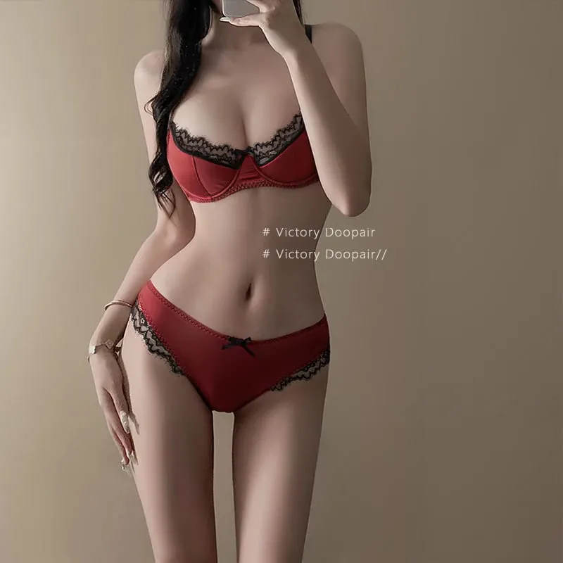Hot Red Satin Zodiac Bra Set Sexy Dopamine Lingerie Push Up for Small Chest Gathers Anti Sagging Sensual Bralette Women Tushy