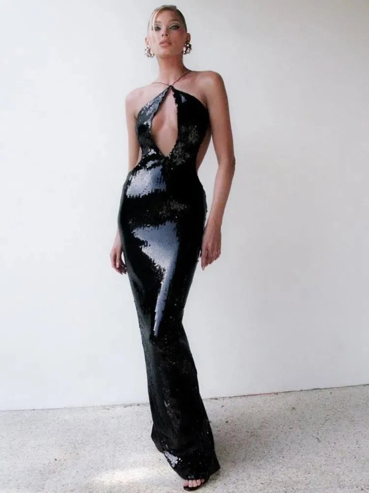 Women Summer Luxury Sexy Backless Halter Black Mesh Sequins Maxi Long Gowns Dress Elegant Celebrity Evening Party Club Dress — image 4