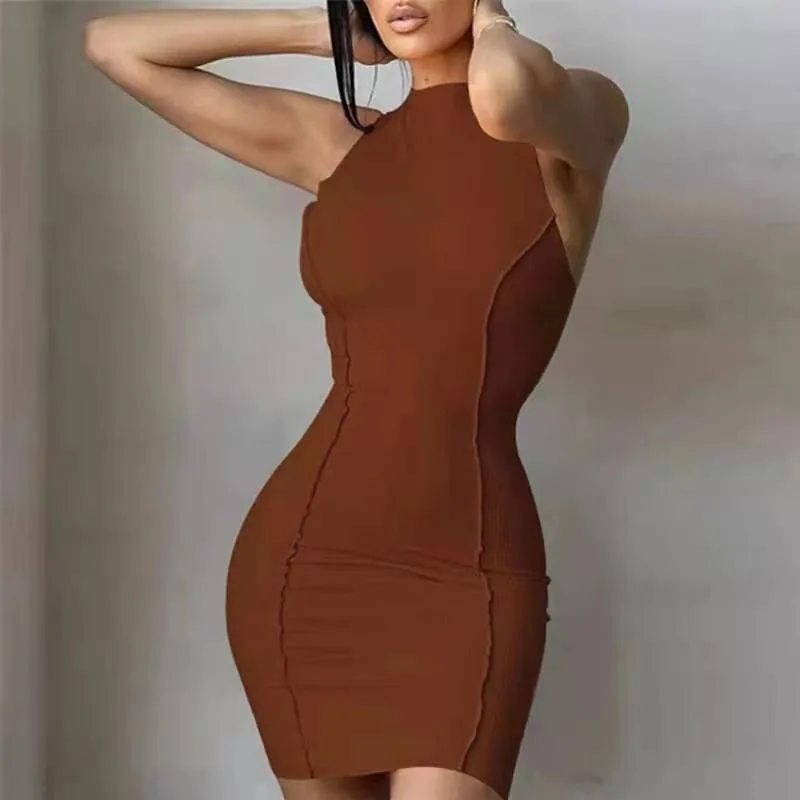 Kobiety lato seksowna wąska wiązana sukienka biodrowa solidny patchworkowy dekolt w kształcie litery "o" bez rękawów Mini sukienki INS moda główna ulica płaszcza Vestidos — image 4