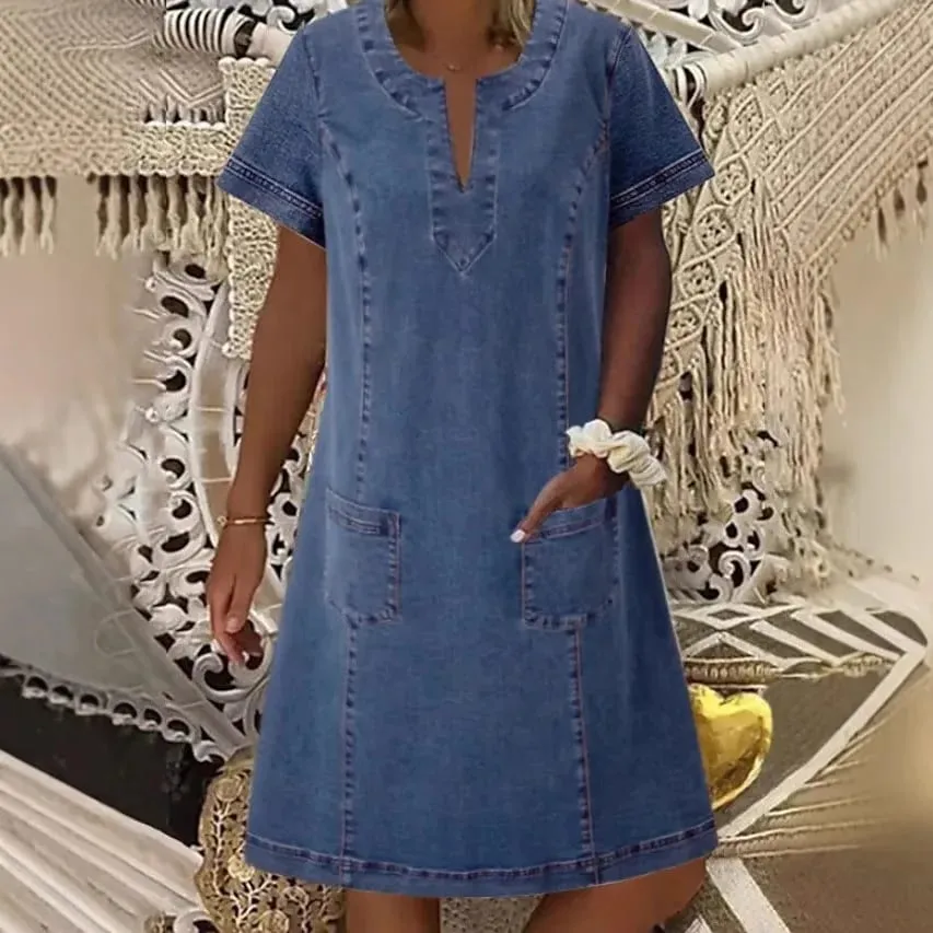 Denim Dress Women Streetwear Dresses V Neck Short Sleeves Pockets A Line Vintage Distressed Washed Summer Vestidos LYQ603122 — image 2