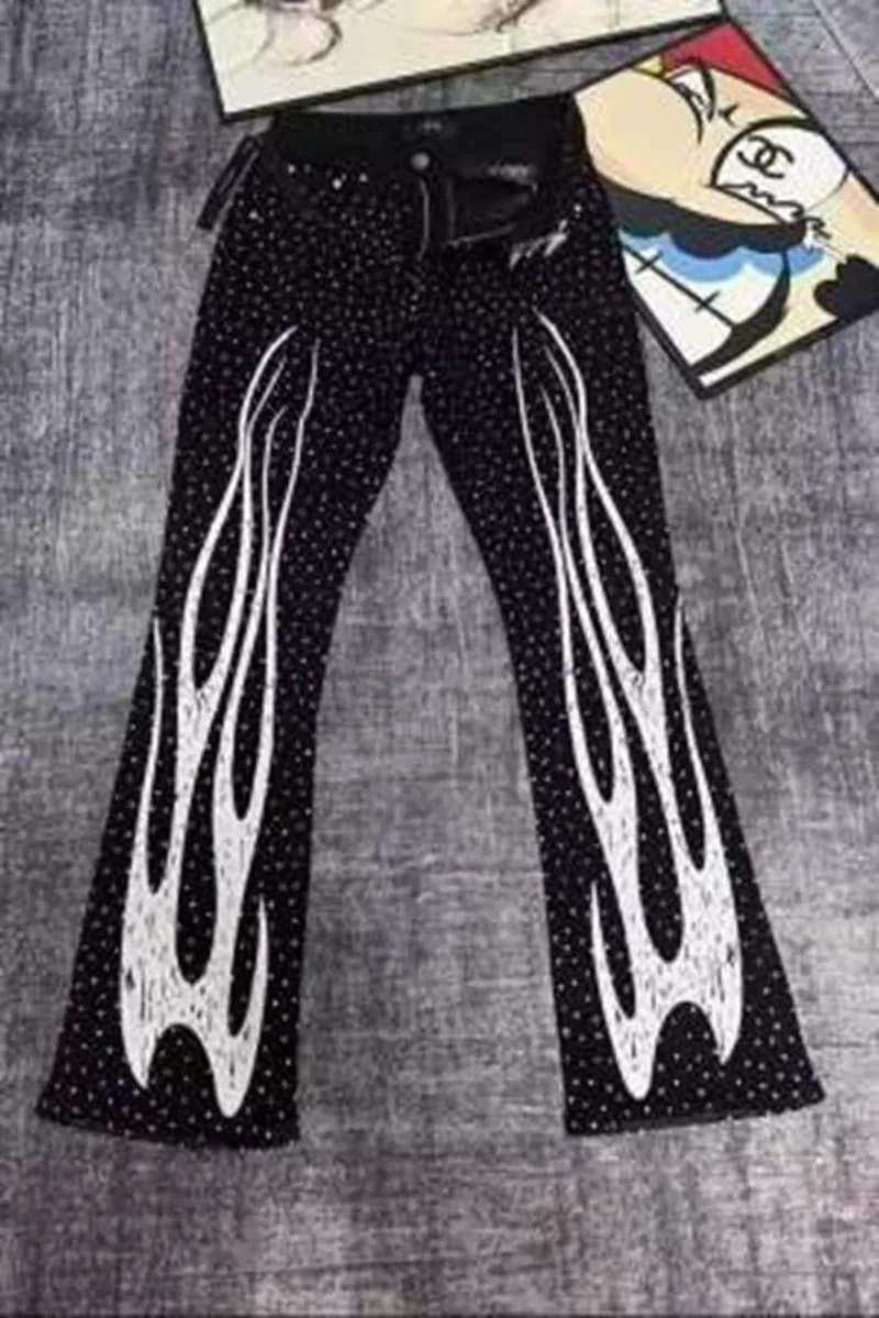 Punk Flame Streetwear Solid Casual Denim Trousers Stage Dancing Rhinestone Print Washed Black Baggy Jeans HipHop Casual Denim Pa — image 3
