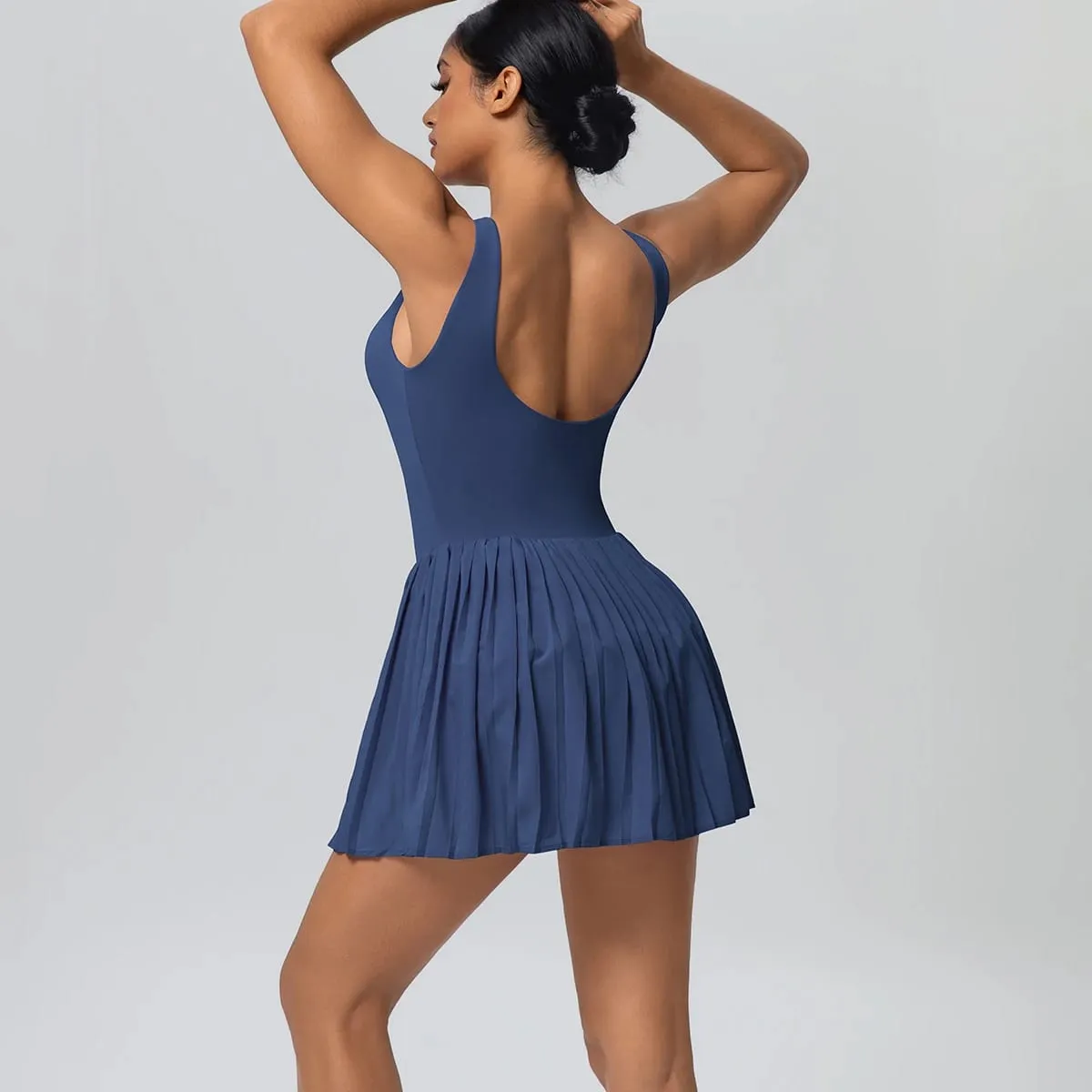 New Lifting Sports Jumpsuit Tennis Skirt With Pockets Yoga Womens Dresses Breathable Naked Feel Backless Female Sportswear — image 3