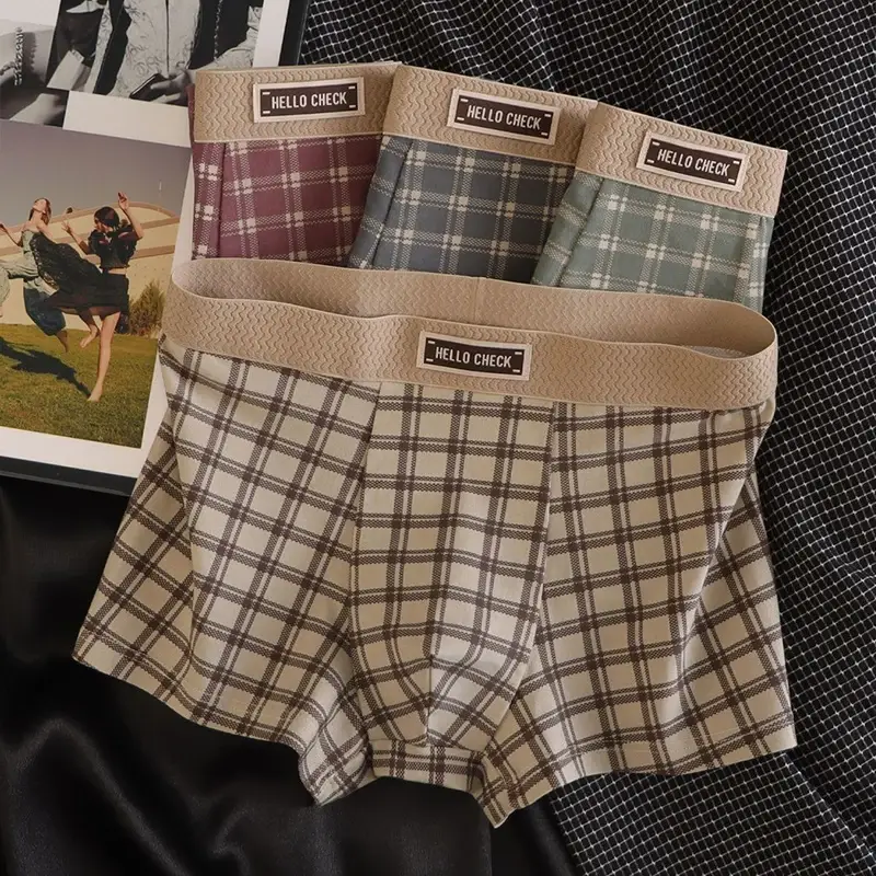 Shorts boxer retrô estampado xadrez masculino de 4 peças, roupa íntima macia, confortável e respirável, shorts boxer sem costura masculino